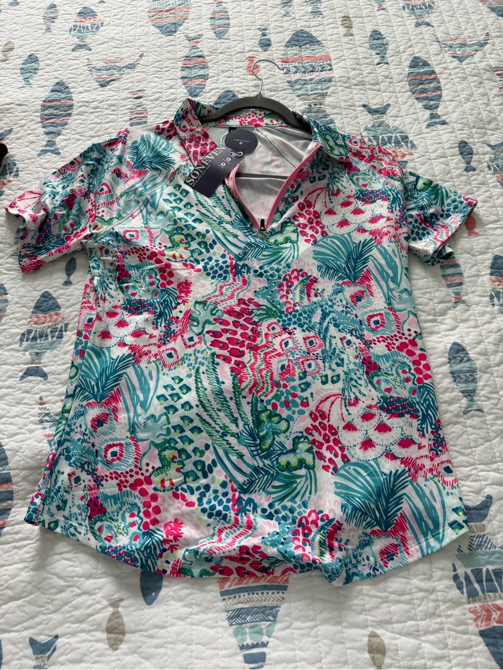 Short Sleeve Zip Tee - Pink & Teal Tropical Print